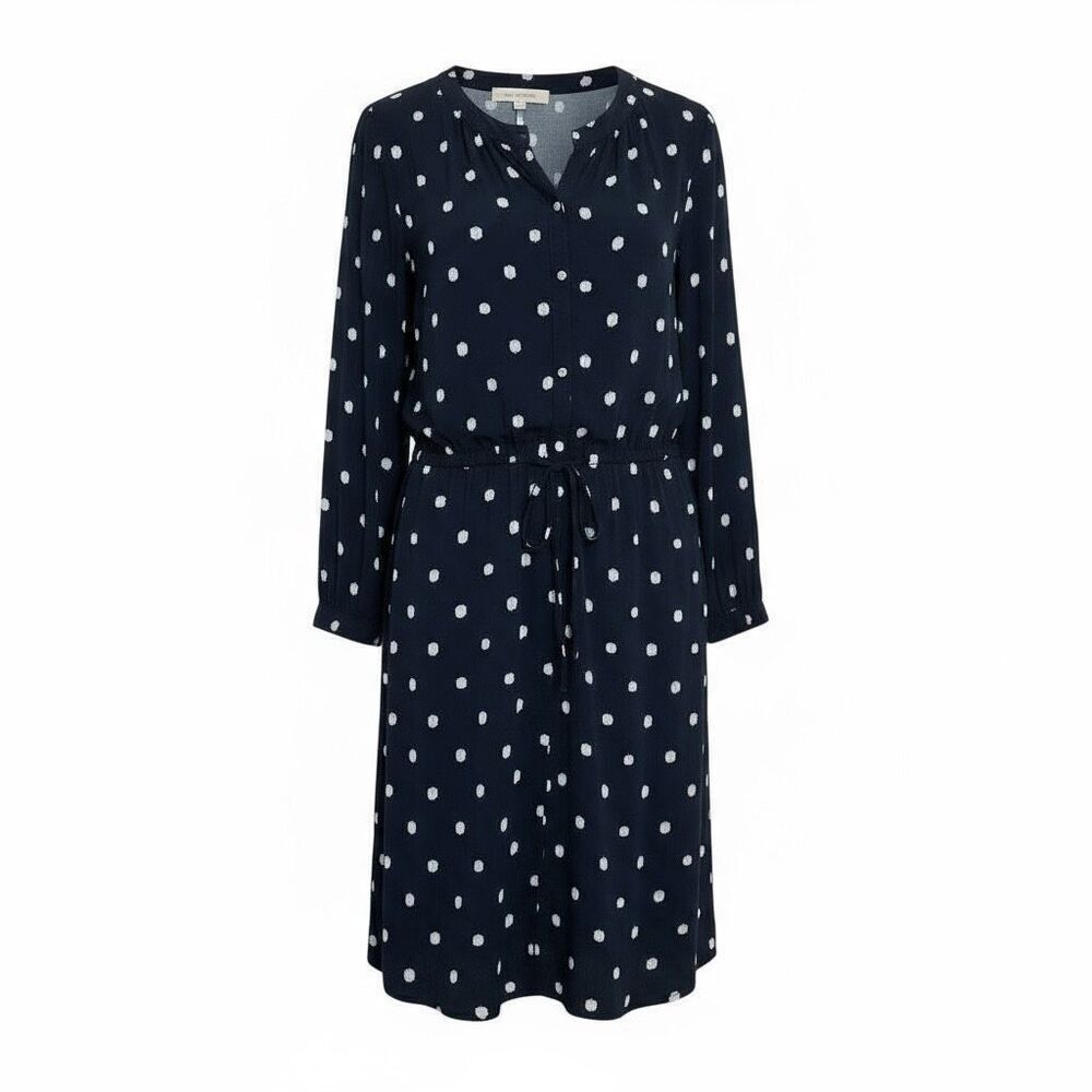LOFT Polka Dot Button Front Long Sleeve Drawstring Shirt Dress Navy White Medium